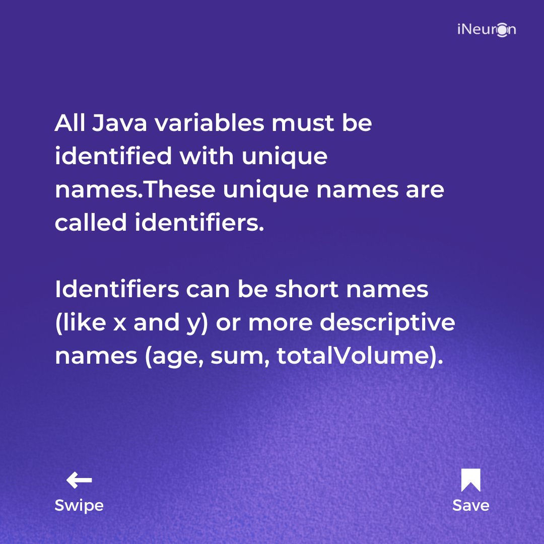 ineuron_ai's tweet photo. What are java identifiers?
:
Comment your views on the post 👇
#ineuron #webdeveloper #webdesign #javadeveloper #java #webdevelopment #webdeveloping #webprogramming #websitedevelopment #websitedeveloper #programmer #webdevelopercourse #technology https://t.co/HzNyQvN36a