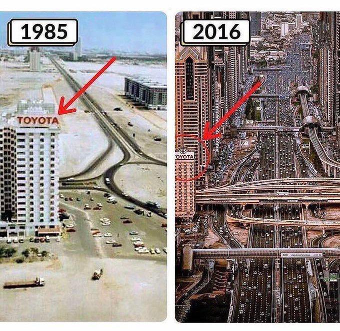 HistoryVibes2's tweet photo. Dubai, United Arab Emirates in 1985 vs 2016 https://t.co/vwCmNVHtjg