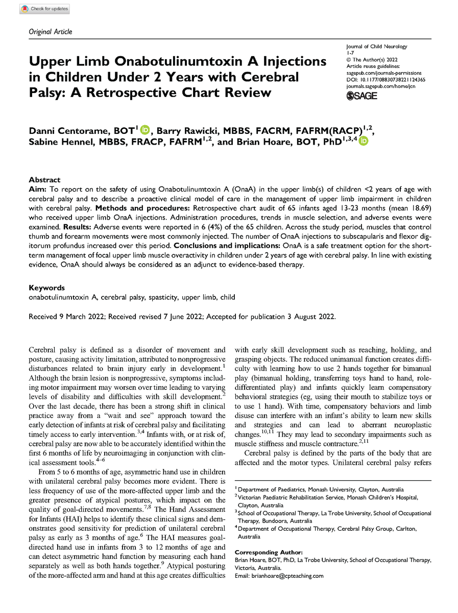 CPteaching1's tweet image. 💉#Botox for children &amp;lt;2yrs with #cerebralpalsy? We think so! 👶Start early, stop early 💪Treat neurological overactivity, not muscle stiffness 👀 use eyes to assess 📗use as an adjunct to OT doi.org/10.1177/088307… #stroke #spasticity #muscle #occupationaltherapy #physiotherapy