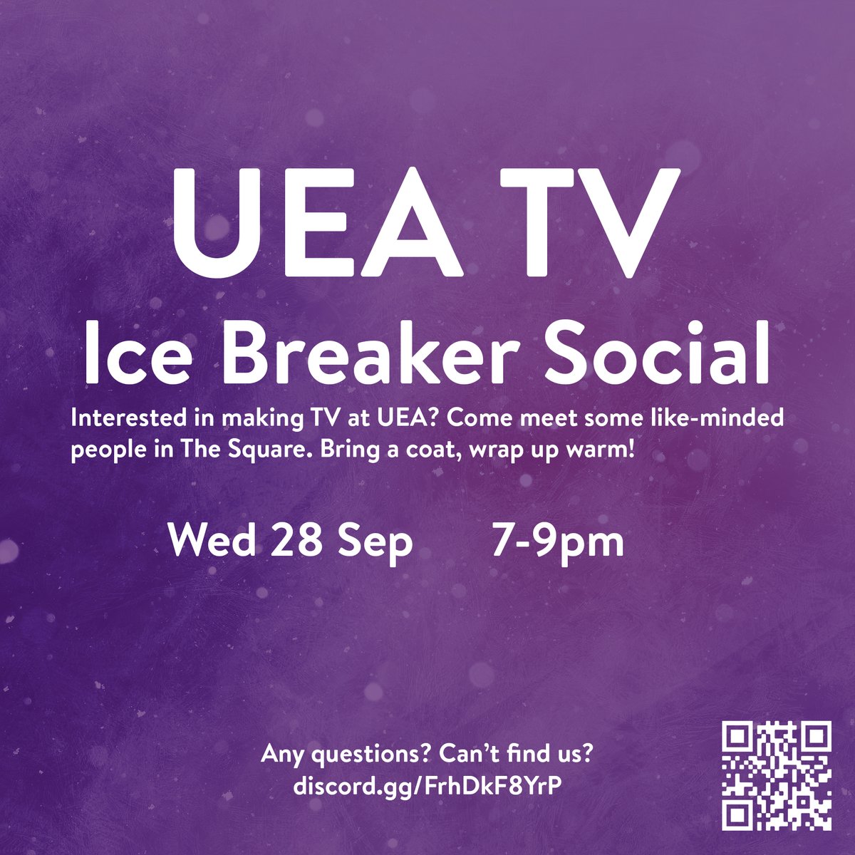 Interested in TV production? We will be hosting our first social this Wednesday! Wrap up warm, and come join us in the square at 7pm!

If you haven't already, join the discord! discord.gg/FrhDkF8YrP