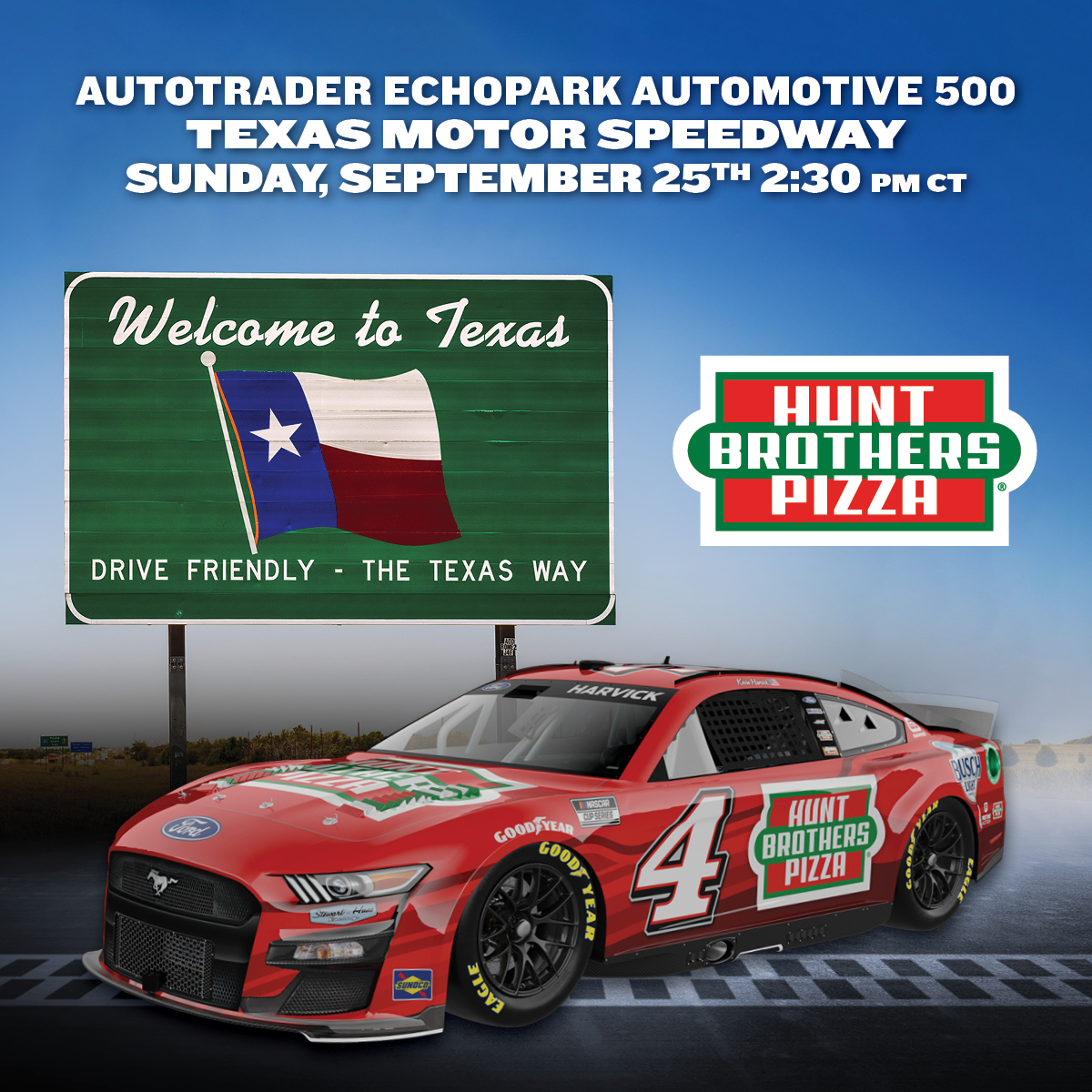 hbpizza's tweet photo. Do you think @KevinHarvick will be “driving friendly” in the RED Hunt Brothers Pizza car today?

RT if you’re RED-y to cheer him on today at @TXMotorSpeedway!

#HBPRacing https://t.co/rmtwjf8VLl