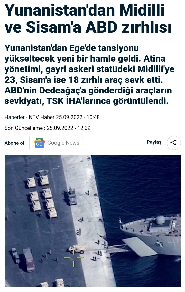 ABD'nin Yunanistan'a tahsis ettiği zırhlı tank ve silahlar, Midilli ve Sisam adalarına konuşlandırılmaya başlandı. Eee siz ne düşünüyorsunuz? Bence konuşlanıyorlar.Sadece geziye gelmişler. ABD silahlarını YUNAN askeri mi kullanıyor?Yoksa,YUNAN üniforması giymiş ABD askerleri mi?