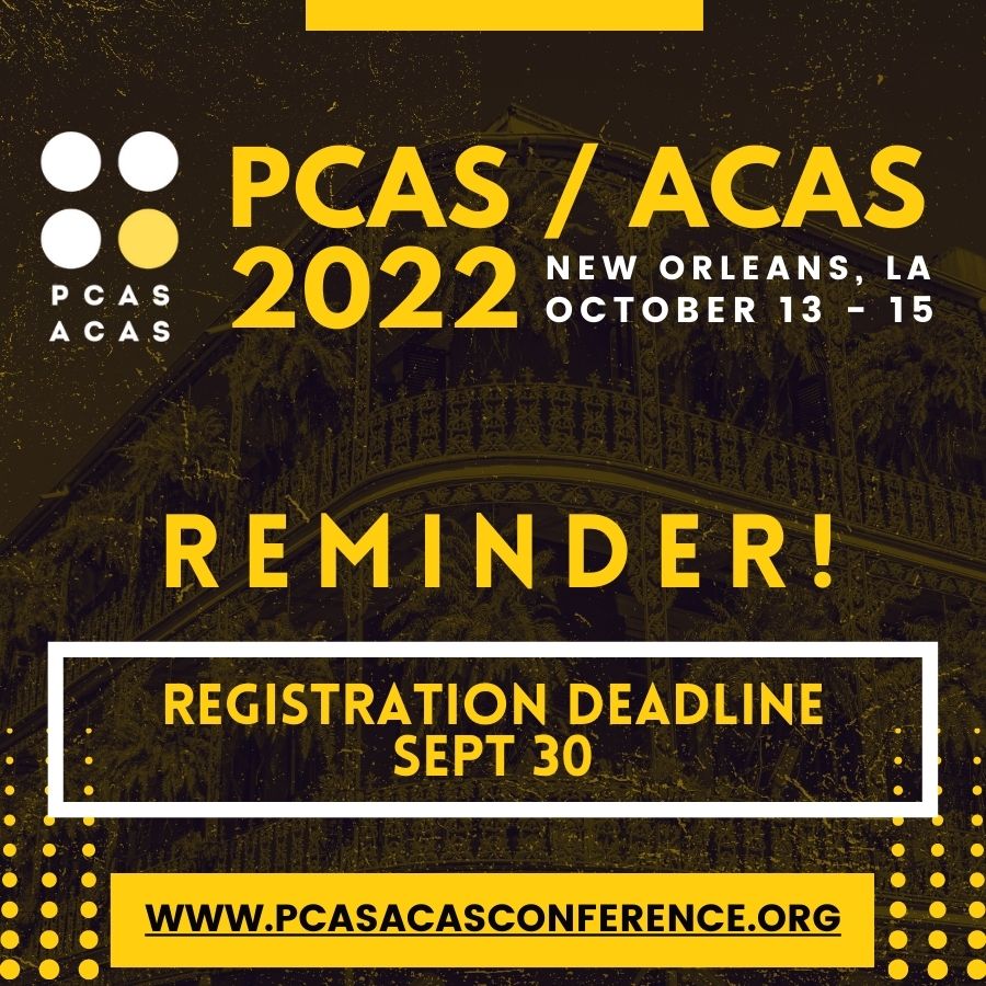 pcasacas's tweet photo. Reminder that the registration deadline for #PCASACAS22 is Sept 30! Details here: https://t.co/sgvMWFx67y
Can't wait to see you all in New Orleans! https://t.co/yIz18dRSrC