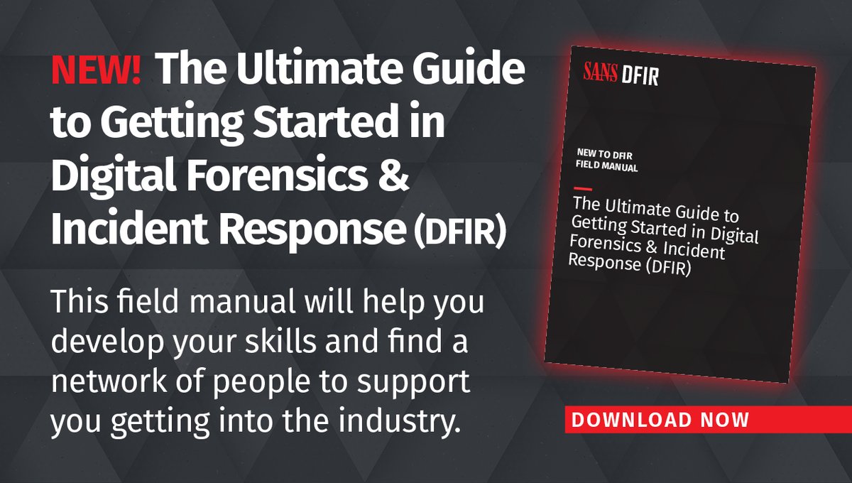 sansforensics's tweet photo. NEW | #New2DFIR Field Manual written by @4enzikat0r @phillmoore @DFS_JasonJ #FOR308 authors &amp; @HeatherMahalik, will help develop your skills &amp; find a network of people to support you getting into the industry. 
Download it here: https://t.co/ouXw1AnPoB
#DFIR https://t.co/lvZuBikA0O