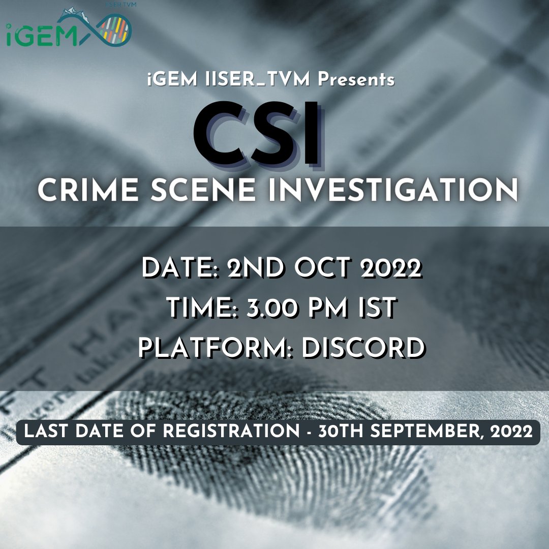 For our final event, we present to you Synbio CSI, a mystery filled Crime Scene Investigation journey. Grab your fedora and gloves, and take down the best criminal masterminds as you compete with other detective squads. 

Open to everyone! Register now!
forms.gle/AB8W5DtCYgp2bC…