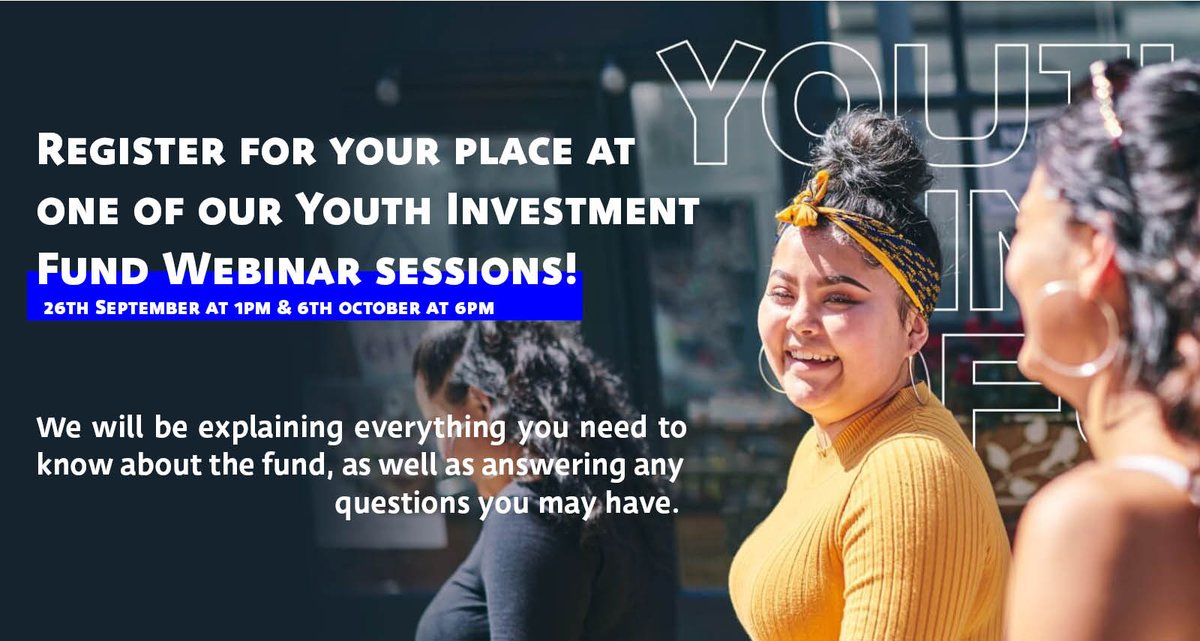 TheSocialInvest's tweet photo. Find out the answers to all your #questions about the #Youth #Investment #Fund at our first webinar on the 26th September at 1pm.

SIB will be joined by a panel of delivery partners @Keyfund, @Resonance &amp; @natyouthagency as well as @DCMS.

To register > https://t.co/8hnfmyLdq5 https://t.co/XxGOXejFvB