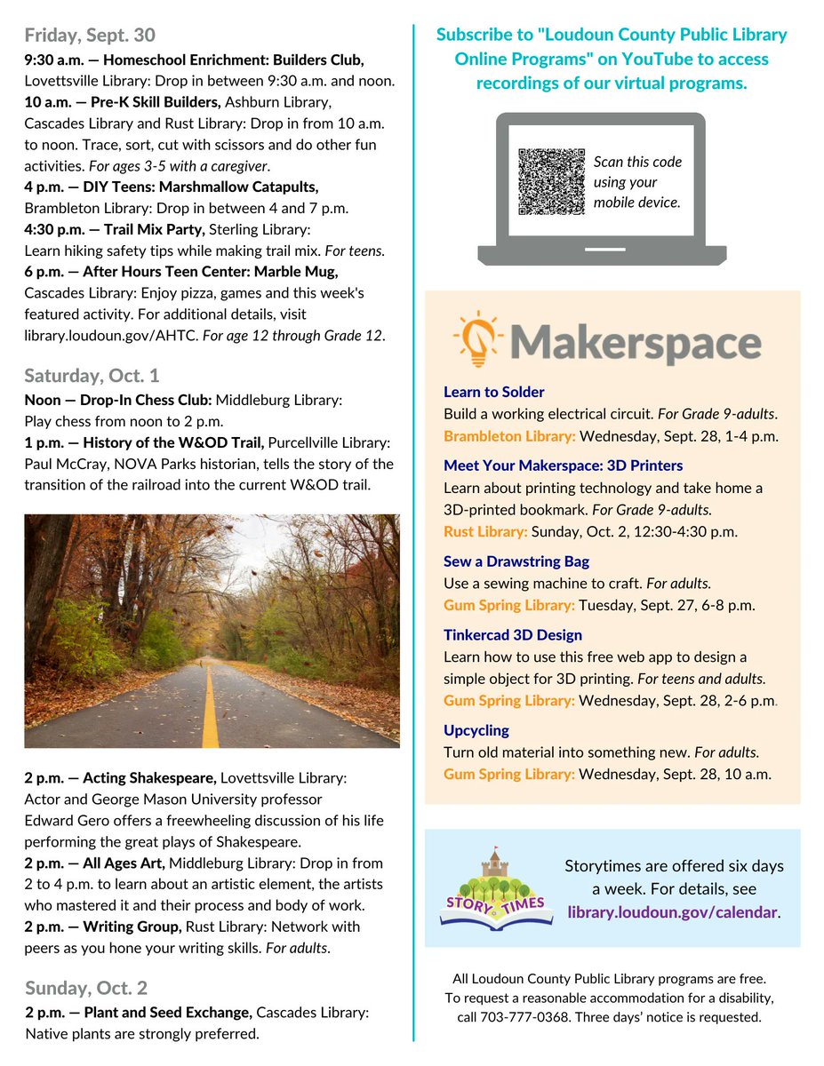 LIVE ONLINE! In addition to listing dozens of in-person events, the Weekly Program Schedule for Sept. 26-Oct. 2 highlights virtual offerings too: buff.ly/3Uz1rWw. Tune in for a midday meditation, apple season cooking demo or citizenship preparation class, among others.