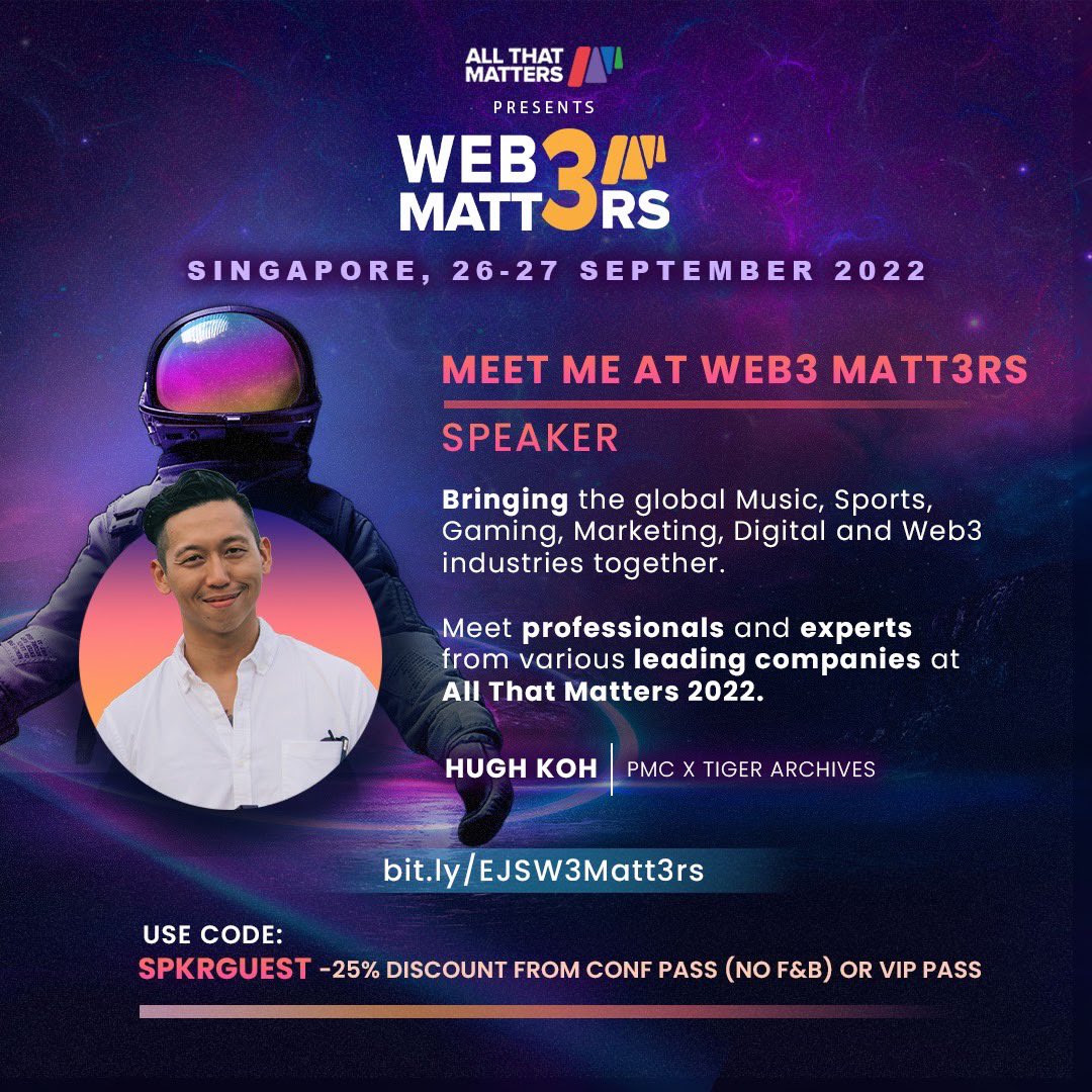 Excited to be a part of the speaker line up for Web3 Matters! Join me this 27th at 9:55am as I dig deep and share insights and learnings from running The Tiger Archives. ✌🏼

<a href="/enjinstarter/">ENJINSTARTER</a>
@pestlemortarSEA