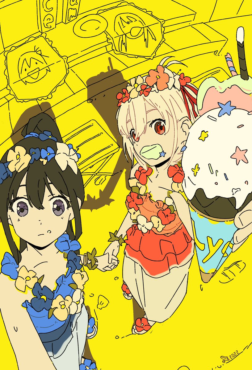 inoue takina ,nishikigi chisato multiple girls 2girls black hair blonde hair red eyes holding hands flower  illustration images
