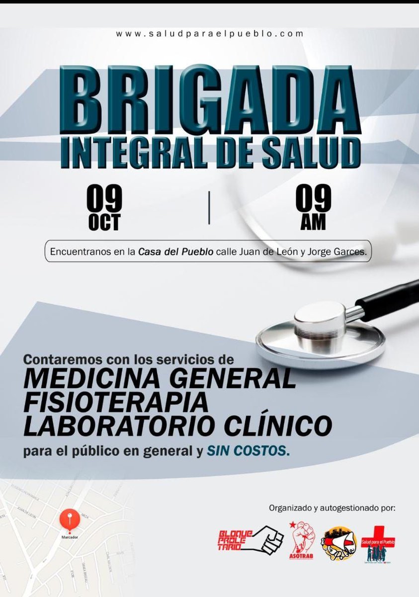 SPP_oficial's tweet photo. Brigada integral de Salud en el Comité del Pueblo
👩‍⚕️👨‍⚕️
9 de Octubre 
09h00
Contaremos con los servicios de Medicina General, Fisioterapia y Laboratorio Clínico. https://t.co/sdjLSIfHZC