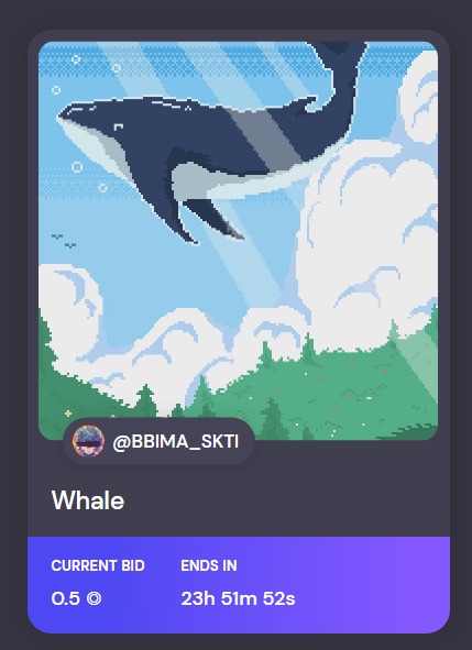 bbima_skti's tweet photo. 🐋 1/1 AUCTION UPDATE 🐋

Finally the auction has been started
by @/playpausestop
Thank you very much  

" Whale "
Current bid 0.5 $sol
23 h  left

pNFT for all bidders

⬇️⬇️
Link on below

#solana #NFT #SolanaNFT #formfunction #pixelart https://t.co/7WYVQcHATT