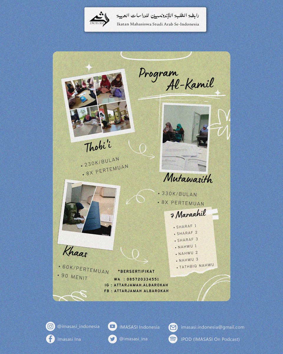 IMASASI_INA's tweet photo. [𝗠𝗘𝗗𝗜𝗔 𝗣𝗔𝗥𝗧𝗡𝗘𝗥]

Mau bisa bahasa Arab dari nol sampai bisaa?
Mau bisa baca teks Arab non Syakkal? 
Mau tau cara menerjemah yang baik dan benar? 

AA (Attarjamah Albarokah) solusinyaa !!! Belajar bahasa Arab dengan Mudah, Murah dan Meriaah.. https://t.co/tGKii2yIie