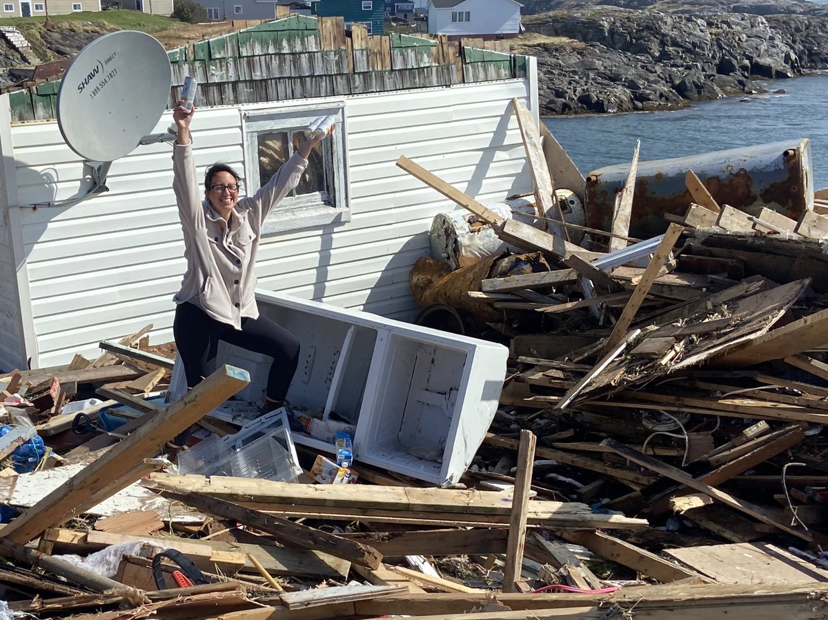 BenClearyNL's tweet image. Krystle Collier’s Port Aux Basques home was destroyed by Hurricane Fiona. Her dining room collapsed into the garage. 

This morning, she found her fridge washed up on shore. Still in her fridge was a box of White Claw Seltzers. 

“It’s a good day to have a drink.”