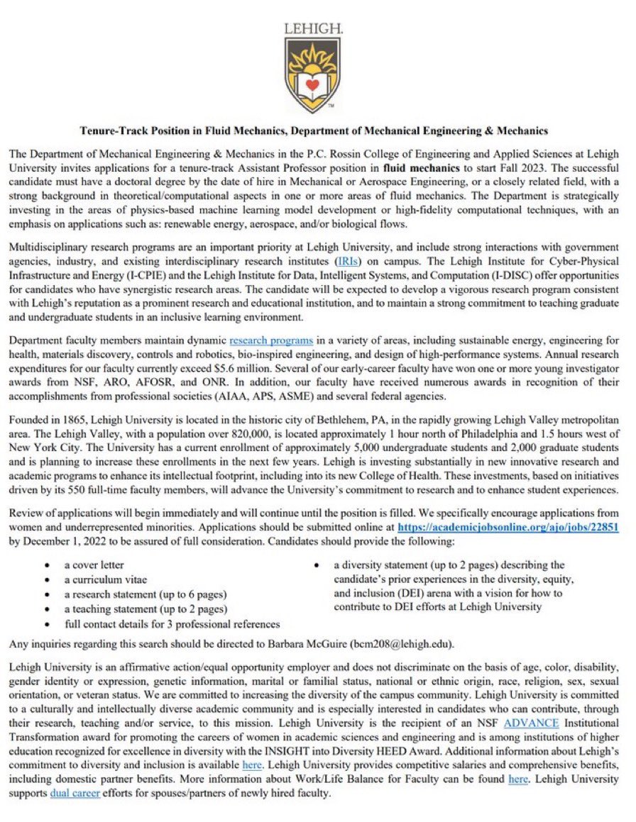 @LehighMem is looking to hire a tenure track Assistant Professor in Fluid Mechanics with expertise in the areas of physics-based machine learning model development or high-fidelity computational techniques. Apply here: g.co/kgs/HZjQ8X.                   Read the job ad 👇🏽
