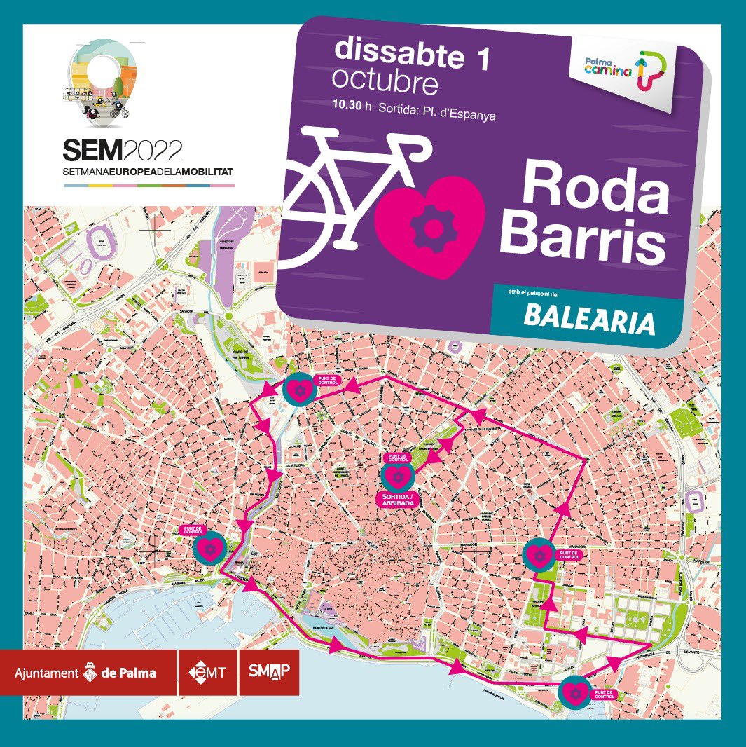 xiscod's tweet photo. 🗓El primer d’Octubre, tens una cita amb la #mobilitatsostenible.
Enguany recuperam el #RodaBarris‼️
➡️Un circuit ciclista que hauràs de fer amb un passaport,segellant el teu pas, pels diferents districtes de #Palma 😍.
🎈Acabarem amb un sorteig de premis a P. Espanya🚲🛳 🎁 https://t.co/hrHj5IHKNw