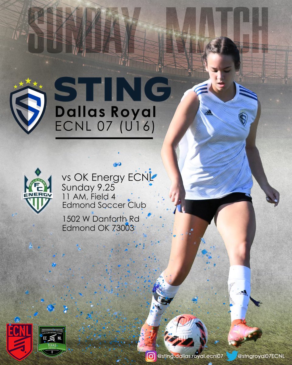 Sting Royal 07 ECNL (@stngroyal07ecnl) on Twitter photo It’s Game Day 2! Ready for the match up against @oefc07girlsecnl today! #theroyalway
<a href="/StingSoccerClub/">Sting Soccer Club</a> <a href="/StingECNLRoyal/">Sting Royal ECNL & ECNL-RL</a> <a href="/TopDrawerSoccer/">TopDrawerSoccer</a> <a href="/ImYouthSoccer/">ECNL/GA/Recruiting/College Soccer</a> <a href="/ECNLgirls/">ECNL Girls</a> <a href="/EcnlTexas/">ECNL Girls Texas Conference</a> <a href="/ImCollegeSoccer/">College Soccer Truth ™</a> <a href="/PrepSoccer/">Prep Soccer ⚽️</a> It’s Game Day 2! Ready for the match up against @oefc07girlsecnl today! #theroyalway
<a href="/StingSoccerClub/">Sting Soccer Club</a> <a href="/StingECNLRoyal/">Sting Royal ECNL & ECNL-RL</a> <a href="/TopDrawerSoccer/">TopDrawerSoccer</a> <a href="/ImYouthSoccer/">ECNL/GA/Recruiting/College Soccer</a> <a href="/ECNLgirls/">ECNL Girls</a> <a href="/EcnlTexas/">ECNL Girls Texas Conference</a> <a href="/ImCollegeSoccer/">College Soccer Truth ™</a> <a href="/PrepSoccer/">Prep Soccer ⚽️</a>