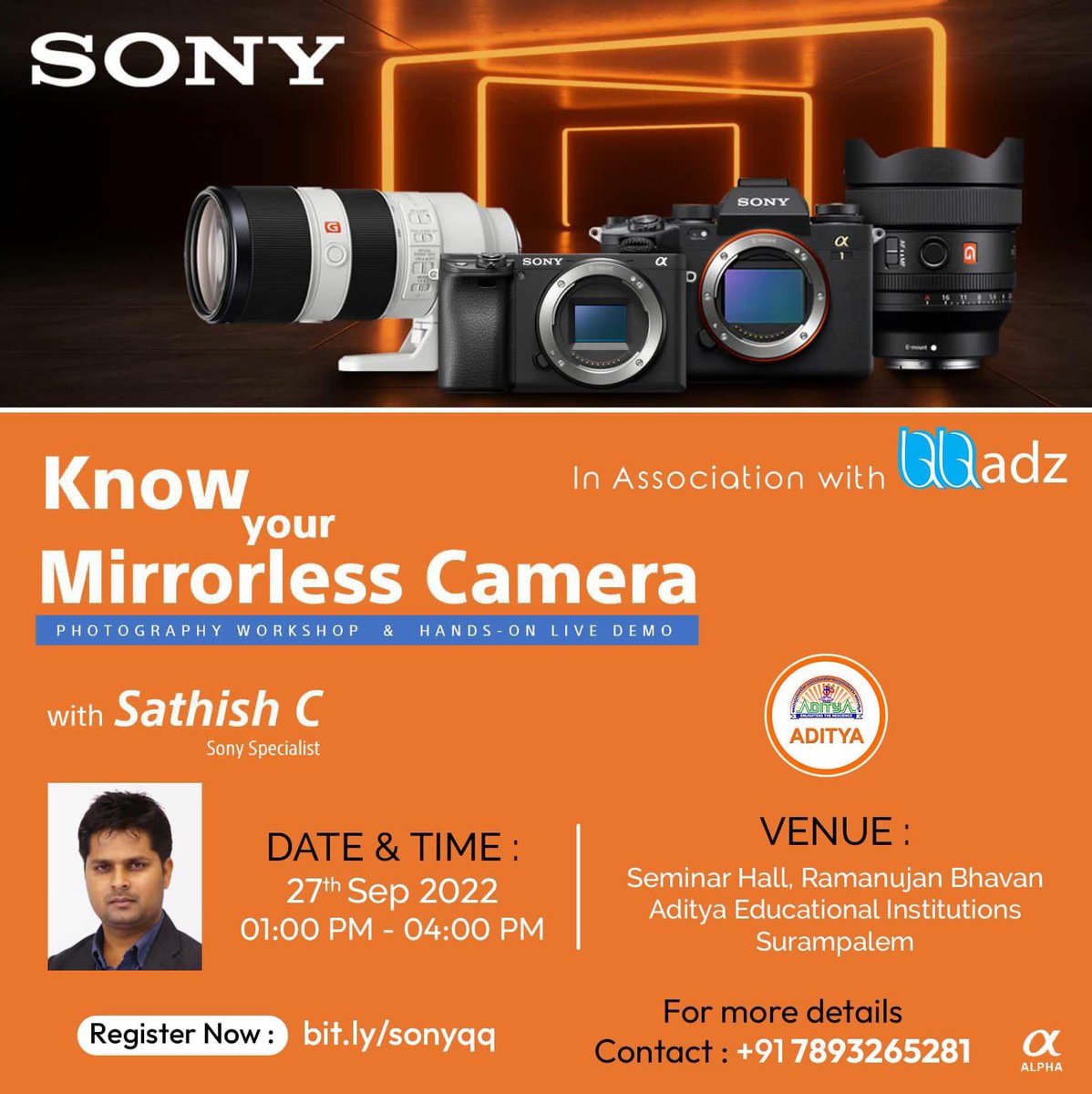 QQadz's tweet photo. A one day intensive workshop on photography &amp; hands on live demo by SONY team in association with QQadz. Meet our expert trainers to horn your skills.
Register Now : https://t.co/BYV03QDkf9 
On Sep27th @1pm
*Venue* : Ramanujan Bhavan, Aditya Educational Institutions, Surampalem. https://t.co/86xQEZhkCL