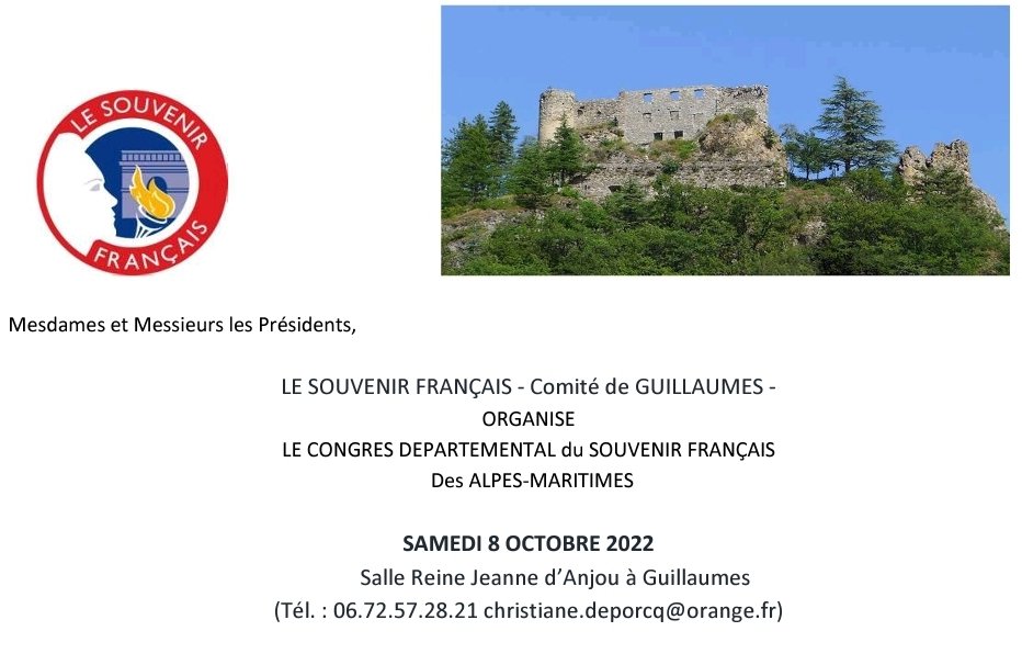 #8octobre Le #congrès départemental approche 🔜 #Guillaumes
<a href="/SF_Siege/">Le Souvenir Français</a> <a href="/Nice_Matin/">Nice-Matin</a> @francebleuazur <a href="/F3cotedazur/">France 3 Côte d'Azur</a> <a href="/Maires06/">Association des Maires et intercommunalités 06</a> <a href="/AlpesMaritimes/">alpesmaritimes</a> <a href="/prefet06/">Préfet des Alpes-Maritimes🇫🇷</a> <a href="/PoliceNat06/">Police Nationale 06</a> <a href="/Gendarmerie_006/">Gendarmerie des Alpes-Maritimes</a> <a href="/CDC_1eRCA/">chef de corps du 1er RCA</a> <a href="/1RCA_canjuers/">1er régiment de chasseurs d'Afrique</a> <a href="/armeedeterre/">Armée de Terre</a> <a href="/Armee_de_lair/">Armée de l'Air et de l'Espace</a> <a href="/troupesdemarine/">Troupes de marine</a> <a href="/sdis_06/">Sapeurs-pompiers 06</a> <a href="/snujemengage/">Service national universel</a> @adpc06