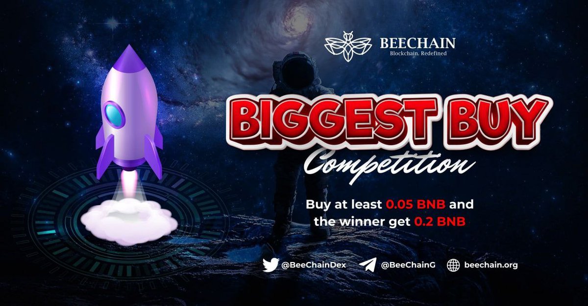 BeeChainDex's tweet photo. BIGGEST BUY COMPETITION

Buy at least 0.05 BNB to be qualify.
Only valid if you hold for 24 hours

PRIZE:
1 Winner will receive 0.2 BNB as a prize for being the biggest buyer

Start: 25/9/2022 11.00 am UTC
End: 26/9/2022 11.00 am UTC

ENJOY AND GOODLUCK EVERYONE!!
#BeeChainDex https://t.co/LmP91ZH3Ls