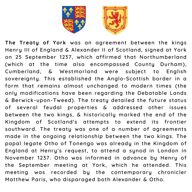 BritishHistorym's tweet photo. #otd 25 September 1237 – England and Scotland sign the Treaty of York, establishing the location of their common border.
#england #scotland #HenryIII #AlexanderII #royalhistory https://t.co/j9kl5AyTME