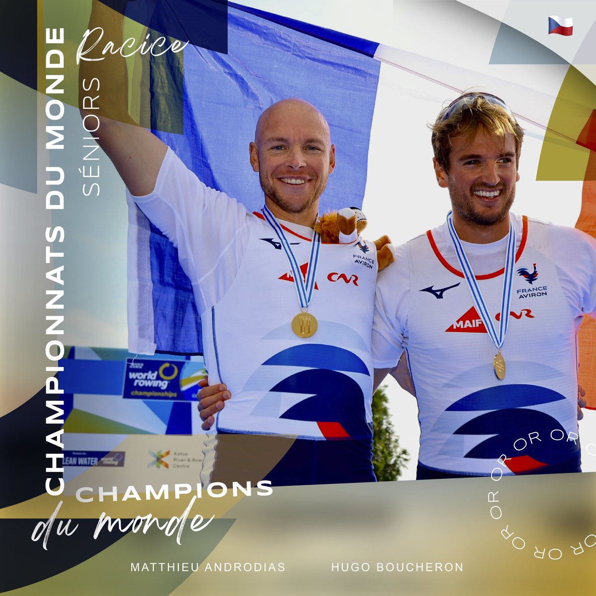 FFAviron's tweet photo. 𝐂𝐇𝐀𝐌𝐏𝐈𝐎𝐍𝐍𝐀𝐓𝐒 𝐃𝐔 𝐌𝐎𝐍𝐃𝐄 𝐒𝐄𝐍𝐈𝐎𝐑𝐒 | 𝐑𝐀𝐂𝐈𝐂𝐄 🇨🇿 Un an après le titre olympique, @HugoBoucheron et @matt_androdias sont champions du monde 🥇😍

📸 @MediasAviron 
#FranceAviron #WRChamps https://t.co/yzg7FWZOpr