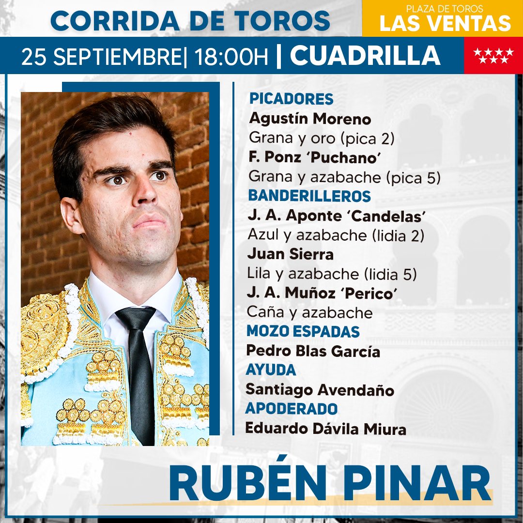 📌 La 𝗖𝗨𝗔𝗗𝗥𝗜𝗟𝗟𝗔 que actuará a las órdenes de 𝑹𝒖𝒃𝒆́𝒏 𝑷𝒊𝒏𝒂𝒓 en #LasVentas
