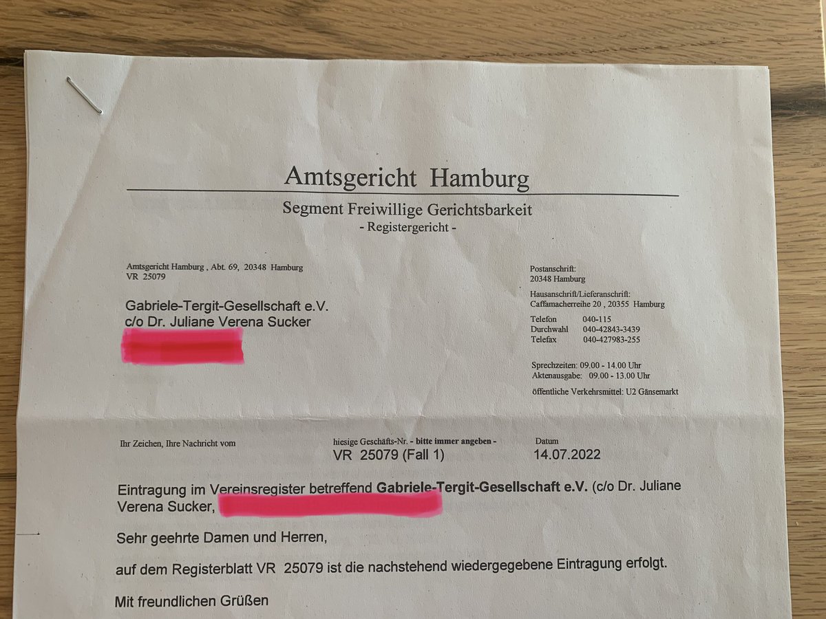 juliane_sucker's tweet photo. Very happy to announce: Wir sind nun mit unserer Gabriele-Tergit-Gesellschaft als e.V. eingetragen! ✅🎉 Jetzt geht‘s an eine Homepage. #tergit #eingetragenerverein #verein https://t.co/eIUalkbxTQ