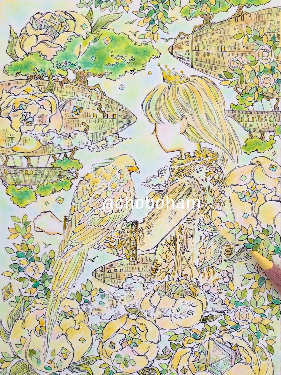 bird 1girl flower solo leaf blonde hair tree  illustration images