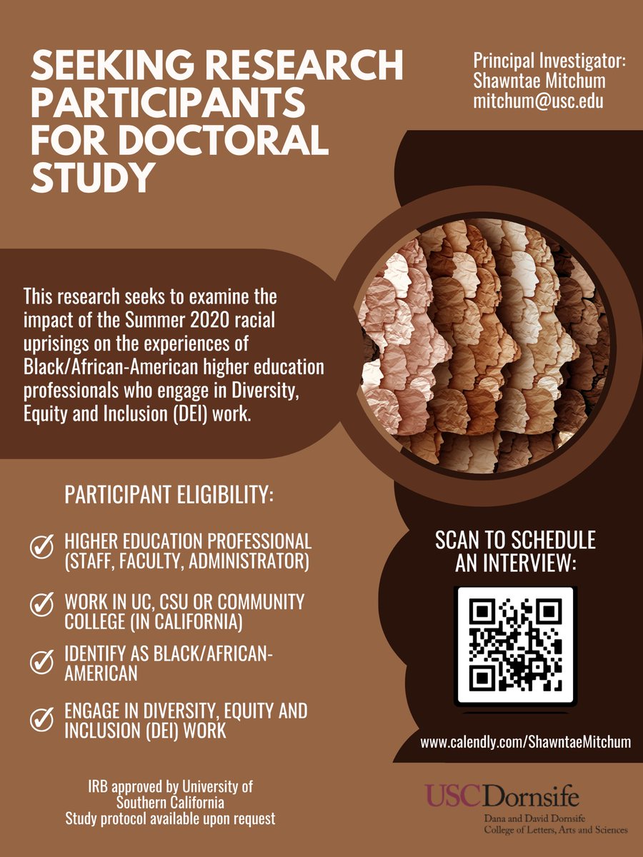 I am seeking research participants for my doctoral study. Black higher education professionals who work in a UC, CSU, or CC in California and engage in Diversity, Equity, and Inclusion (DEI) efforts I’d love to interview you! Scan the code or visit my Calendly pg! #BlackInSoc