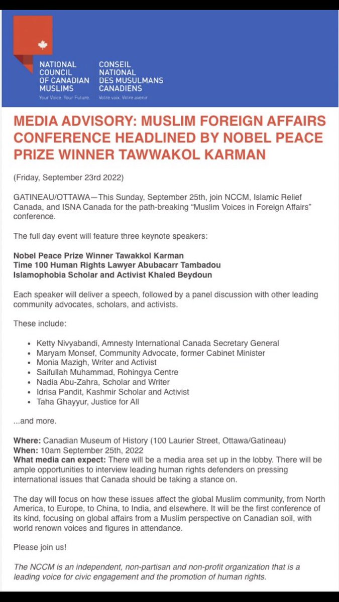 Media Advisory: Muslim Foreign Affairs Conference Headlined by Nobel Peace Prize Winner Tawwakol Karman