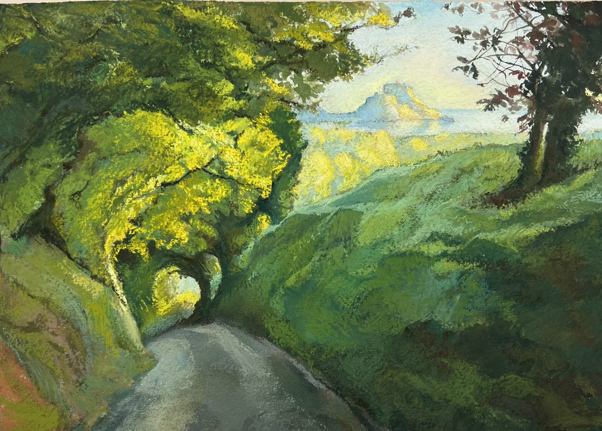 Day 5 of Bending to the light: Mont Orgueil in the distance, pastel on @tworiverspaper Terrific view on wonderful paper! <a href="/fishslabgallery/">fishslab art gallery</a> <a href="/WhitstableLive/">Whitstable Live</a> <a href="/WhitstableKM/">Whitstable Gazette</a>