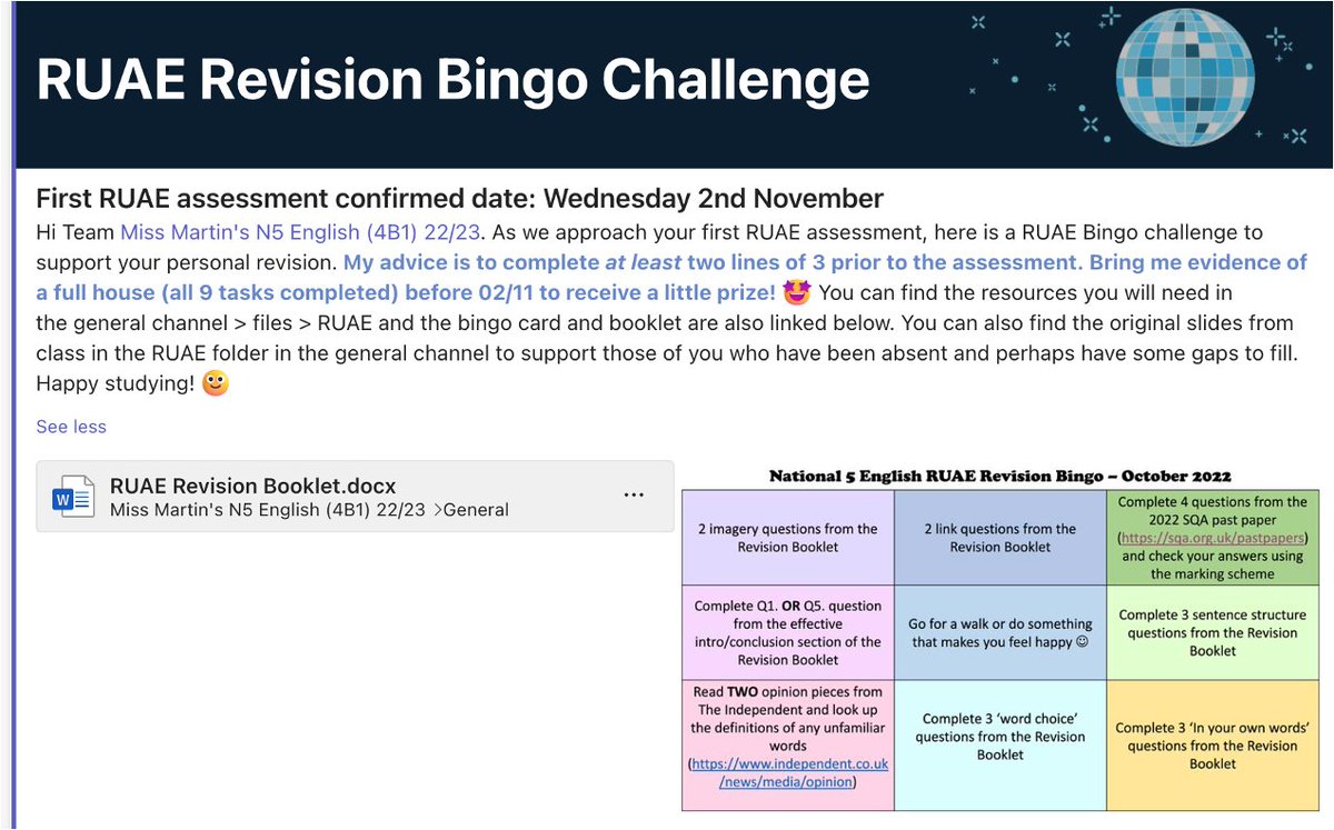One of my goals this year in my presentation classes is to promote healthy revision habits from early on in the year. So here we are starting as we mean to go on in N5! 🪩 (for any pupils reading: this assessment date is for this specific class)