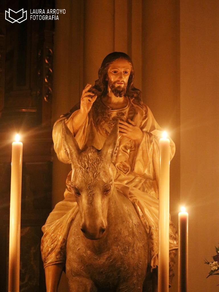 "Jesús desciende del Monte de los Olivos hacia Jerusalén, y las multitudes ponen sus ropas en el suelo para darle la bienvenida y entra triunfalmente en Jerusalén." Lc,19.