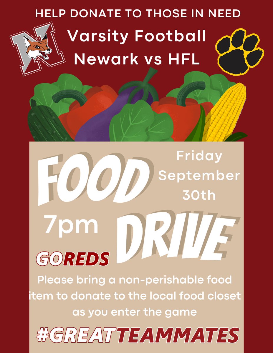 Newark Reds Football (@nredsfootball) on Twitter photo Help Support our Local Food Closet on Friday September 30th at 7pm as the Newark Reds take on #9 Class B state ranked <a href="/HFLfball/">John Russ</a> Cougars #Greatteammates #GoReds #FightHunger <a href="/NewarkAthletics/">Newark Athletics</a> <a href="/William_Bean/">William Bean</a> <a href="/HFLCSDAthletics/">HF-L CSD Athletics</a> <a href="/SecVFootball/">Section V Football</a> <a href="/NYSPHSAA/">NYSPHSAA</a> Help Support our Local Food Closet on Friday September 30th at 7pm as the Newark Reds take on #9 Class B state ranked <a href="/HFLfball/">John Russ</a> Cougars #Greatteammates #GoReds #FightHunger <a href="/NewarkAthletics/">Newark Athletics</a> <a href="/William_Bean/">William Bean</a> <a href="/HFLCSDAthletics/">HF-L CSD Athletics</a> <a href="/SecVFootball/">Section V Football</a> <a href="/NYSPHSAA/">NYSPHSAA</a>