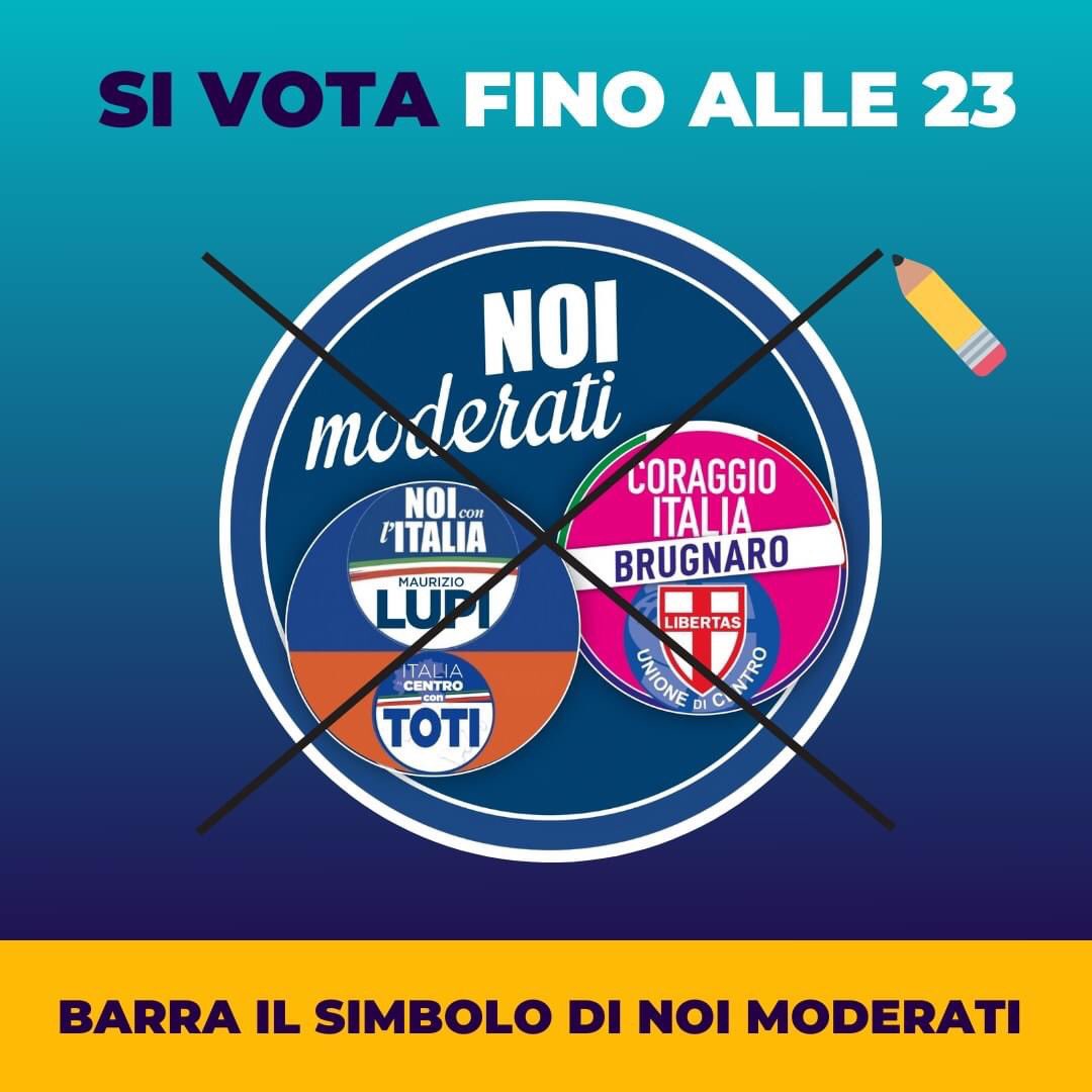 Hai tempo fino alle 23:00 di oggi per barrare il simbolo di #NoiModerati: per un #centrodestra moderato, competente e concreto.

#TorniamoAFarePolitica #ElezioniPolitiche22