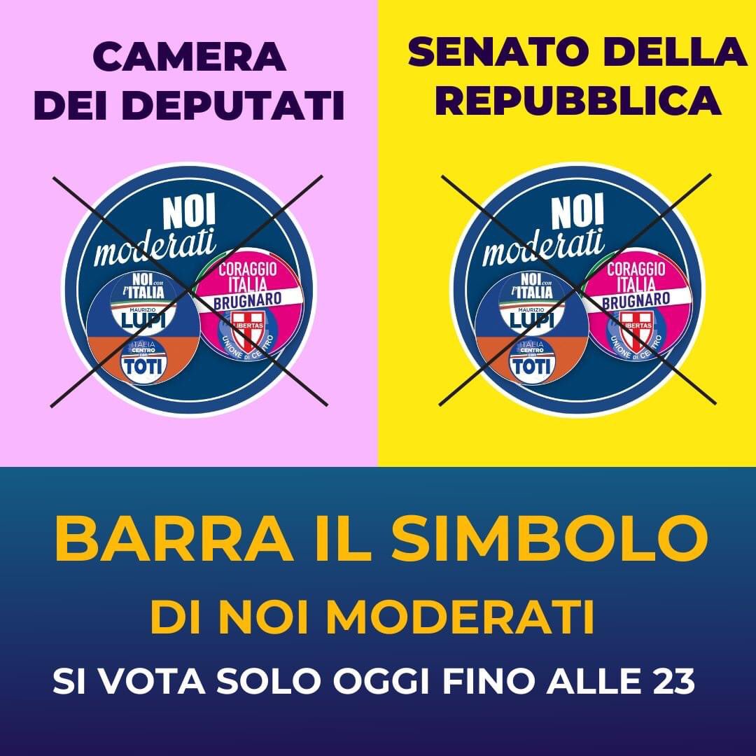 Puoi votare OGGI dalle 7:00 alle 23:00 nel Comune di tua residenza. Ricordati di portare con te un documento di identità valido e la tessera elettorale.

✏️ BARRA IL SIMBOLO #NoiModerati

#TorniamoAFarePolitica #ElezioniPolitiche22 #centrodestra