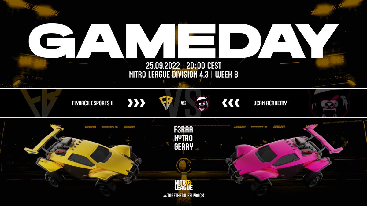 Matchday! 
FlyBack II vs. <a href="/UcanEsports/">UCAN ESPORTS</a> 
<a href="/NitroLeagueRL/">Nitro League Legacy</a> div 4.3 at 8 pm.

team: 
@Fb_F3raa
@NytroFB
<a href="/FlyBackGerry/">Gerry</a>
<a href="/BlizStor/">BlizStor</a>
<a href="/ibellowo/">bello</a> (Manager)
 
coach:
<a href="/its_Theezy/">Theezy</a>

stream: twitch.tv/ucan_esports

💪💪 

#togetherweflyback
