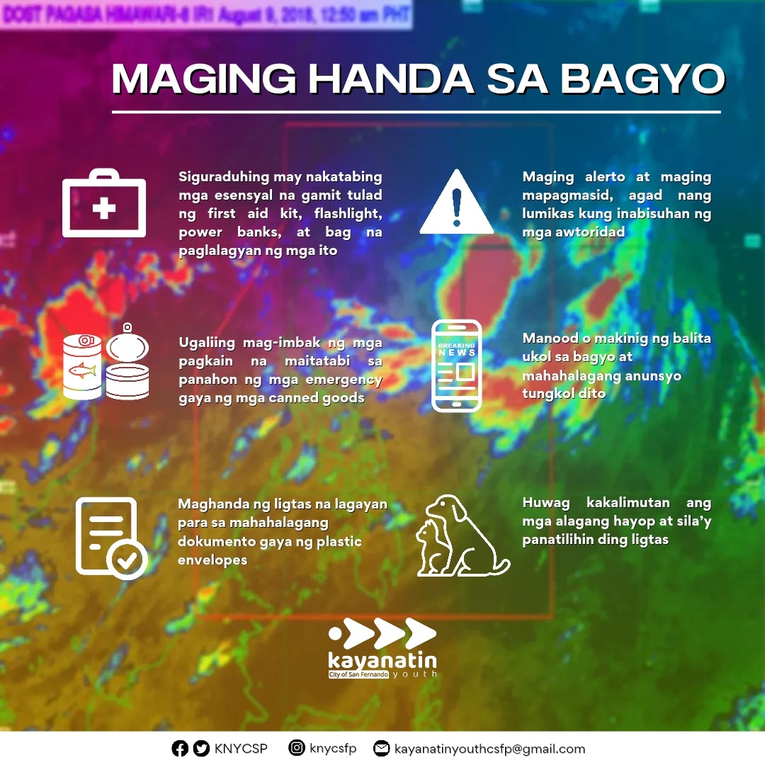 KNYCSFP's tweet photo. 𝙁𝙚𝙧𝙣𝙖𝙣𝙙𝙞𝙤𝙣𝙜 𝘼𝙡𝙚𝙧𝙩𝙖𝙙𝙤 𝙆𝙤𝙣𝙩𝙧𝙖 𝘽𝙖𝙜𝙮𝙤

Cabalen, patuloy tayong mag-ingat sa Super Typhoon #KardingPH.

Narito ang ilang mga dapat gawin at ihanda upang masiguro ang kaligtasan ngayong panahon ng kalamidad. 

#KNYCSFP
#AlertoKontraBagyo
#KardingPH https://t.co/JoVpwRx4oz