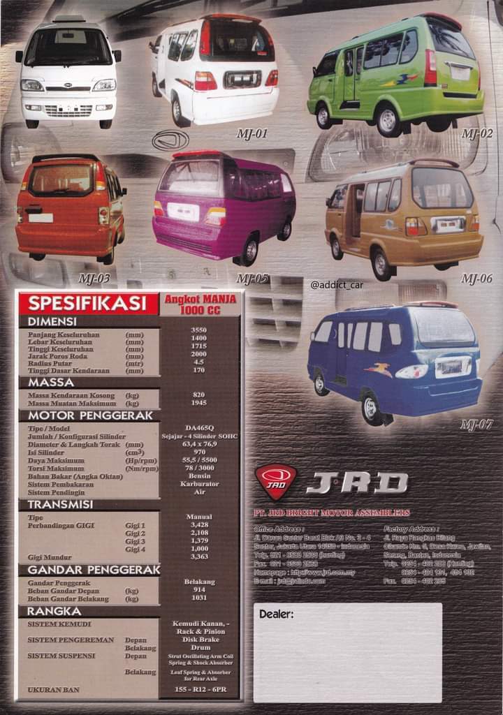 addict_car's tweet photo. Just how small a bus can get is illustated by this leaflet from JRD Bright Motor Assemblers in Indonesia,  showing its Angkot Manja passenger range, which was (I think) based originally on a Suzuki Carry. Information on these vehicles is rather scarce. #carbrochure #JRD https://t.co/trMSNgISCH