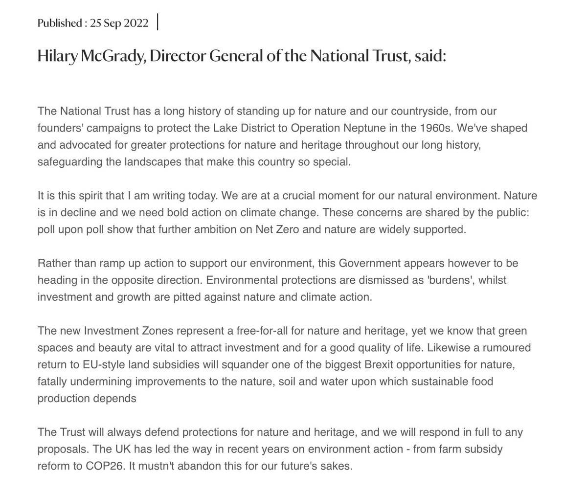 Strong response from <a href="/HilaryMcGrady/">Hilary McGrady</a> 
I wonder if the PM &amp; Chancellor have any understanding of the extent to which they have alienated <a href="/nationaltrust/">National Trust</a> members (+ <a href="/Natures_Voice/">RSPB</a> <a href="/WildlifeTrusts/">The Wildlife Trusts</a> etc.). A much greater %age of the population than the membership of political parties.