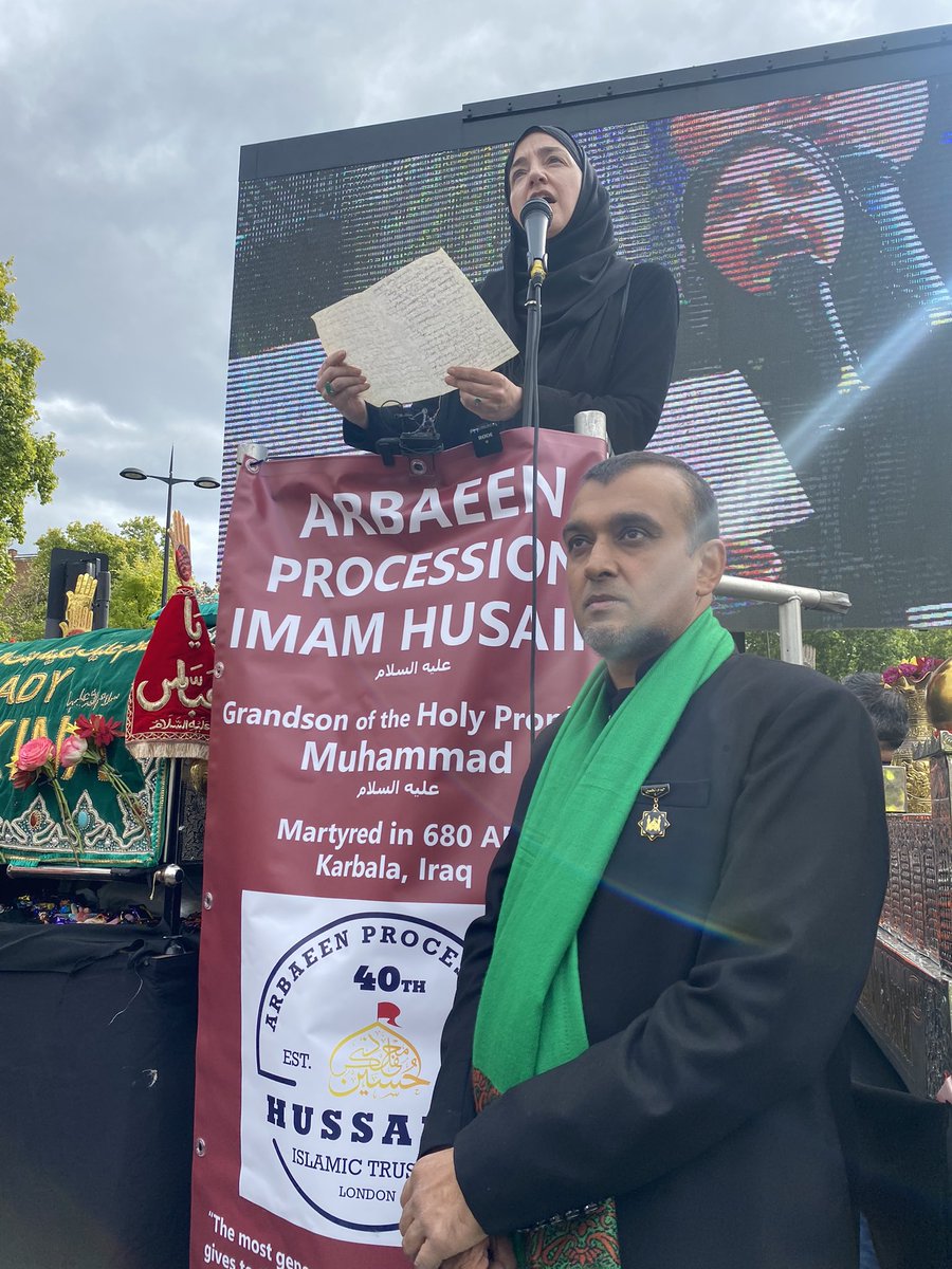 Arbaeenuk's tweet photo. @RebecMasterton joined us again this year to give a speech about Imam Hussain and why we join together in his name and cause each year. Labbaik Ya Hussain! #arbaeenuk #london #marblearch #arbaeen2022 https://t.co/x9bqGjgaWS