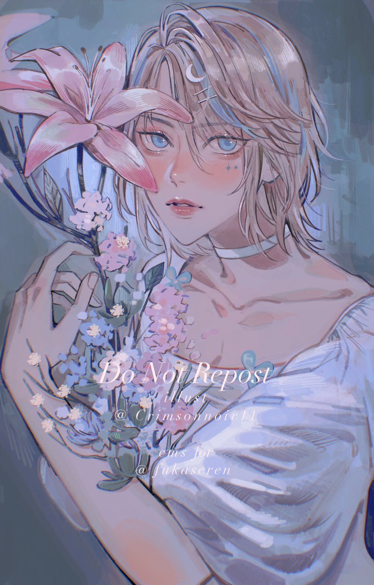 flower blue eyes solo blonde hair choker looking at viewer pink flower  illustration images