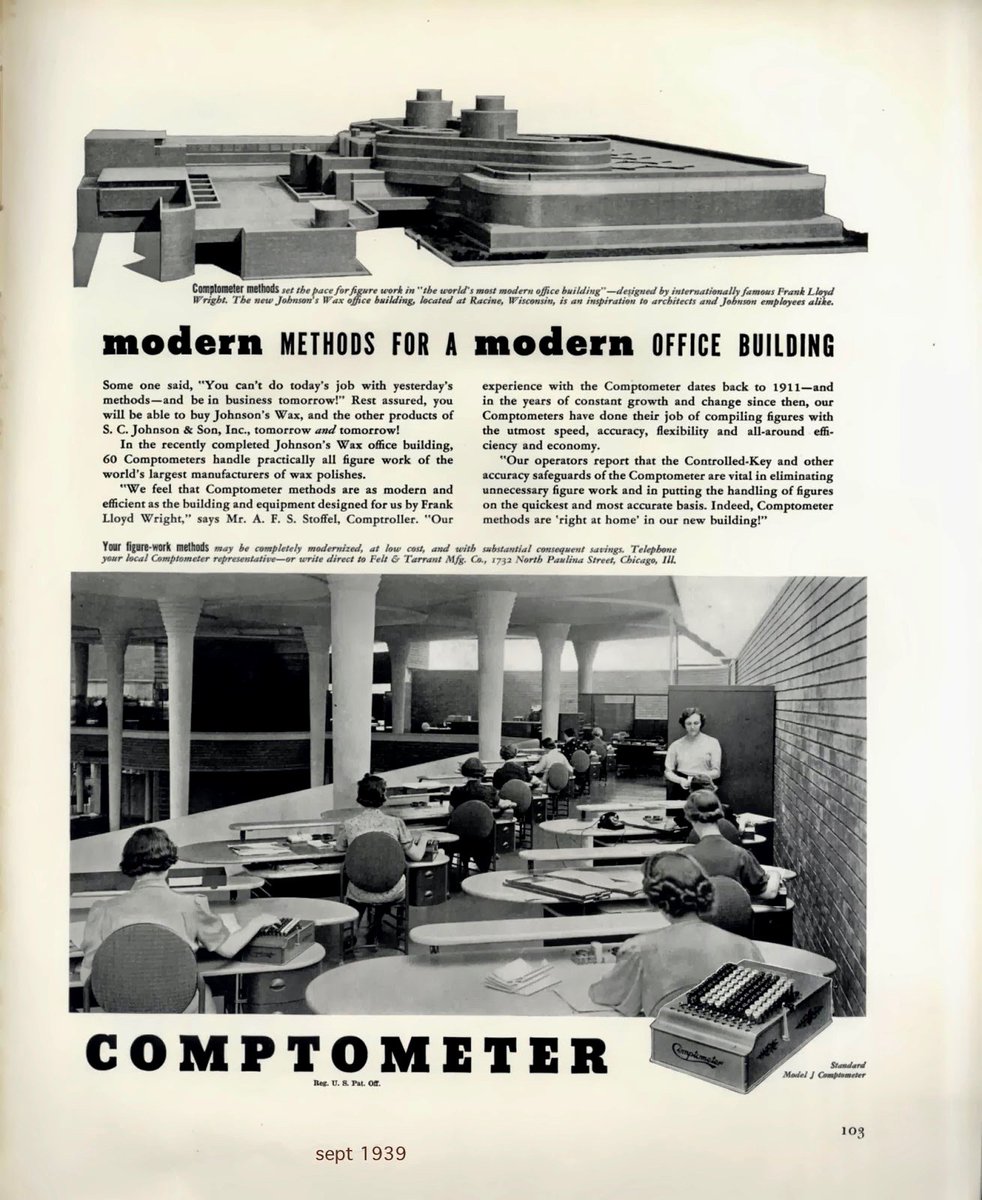 LRonLacy's tweet photo. ‘... In the recently completed Johnson’s Wax office Building, 60 Comptometers handle practically all figure work of the world’s largest manufacturers of wax polishes. ...’
#businessmachines #Comptometer #calculators #JohnsonsWax #FrankLloydWright #blackandwhitephotography https://t.co/CwUcdLMoX8