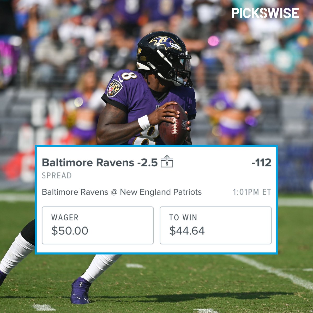 Pickswise's tweet photo. 🚨 $50 NFL GIVEAWAY 🚨

We're giving away $50 to one lucky winner if Baltimore covers -2.5 against the Patriots 💰

How to enter
- Retweet &amp; Like this
- Follow us

Double entry if you follow us on Instagram here: https://t.co/q0VjykPMwf

T&amp;Cs: https://t.co/zreFXLiPr1 https://t.co/D0jnKMO7Ci