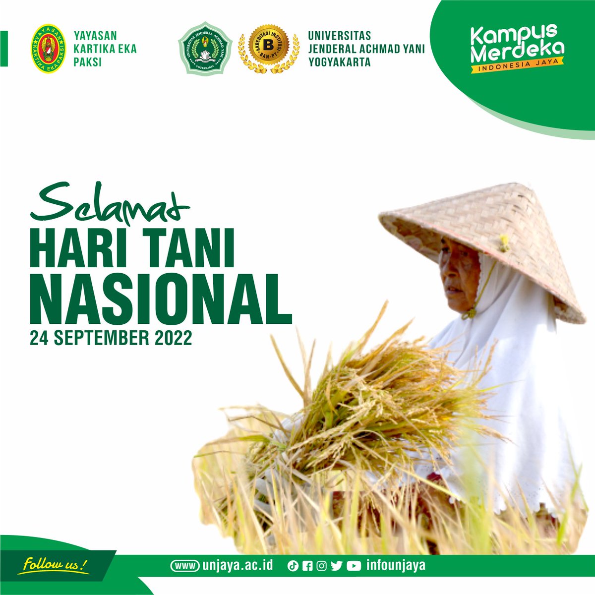 Selamat Hari Tani Nasional
...
Sivitas Akademika Universitas Jenderal Achmad Yani Yogyakarta (UNJAYA) mengucapkan Selamat Hari Tani Nasional

#unjaya #achmadyanimuda #kuliahdiunjaya #haritaninasional #htn2022 #petaniindonesia #petani