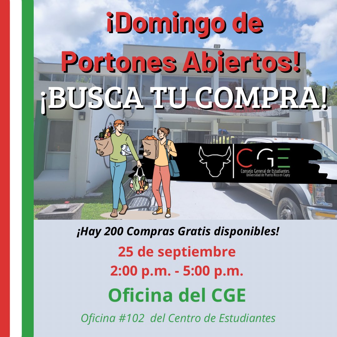 🚨A toda la comunidad de UPR Cayey🚨

HOY DOMINGO DE PORTONES ABIERTOS el Consejo General de Estudiantes estará entregando las doscientas (200) compras donadas por el Municipio de Cayey. Pasa por la Oficina del CGE (Oficina #102 del Centro de Estudiantes) a partir de las 2-5pm