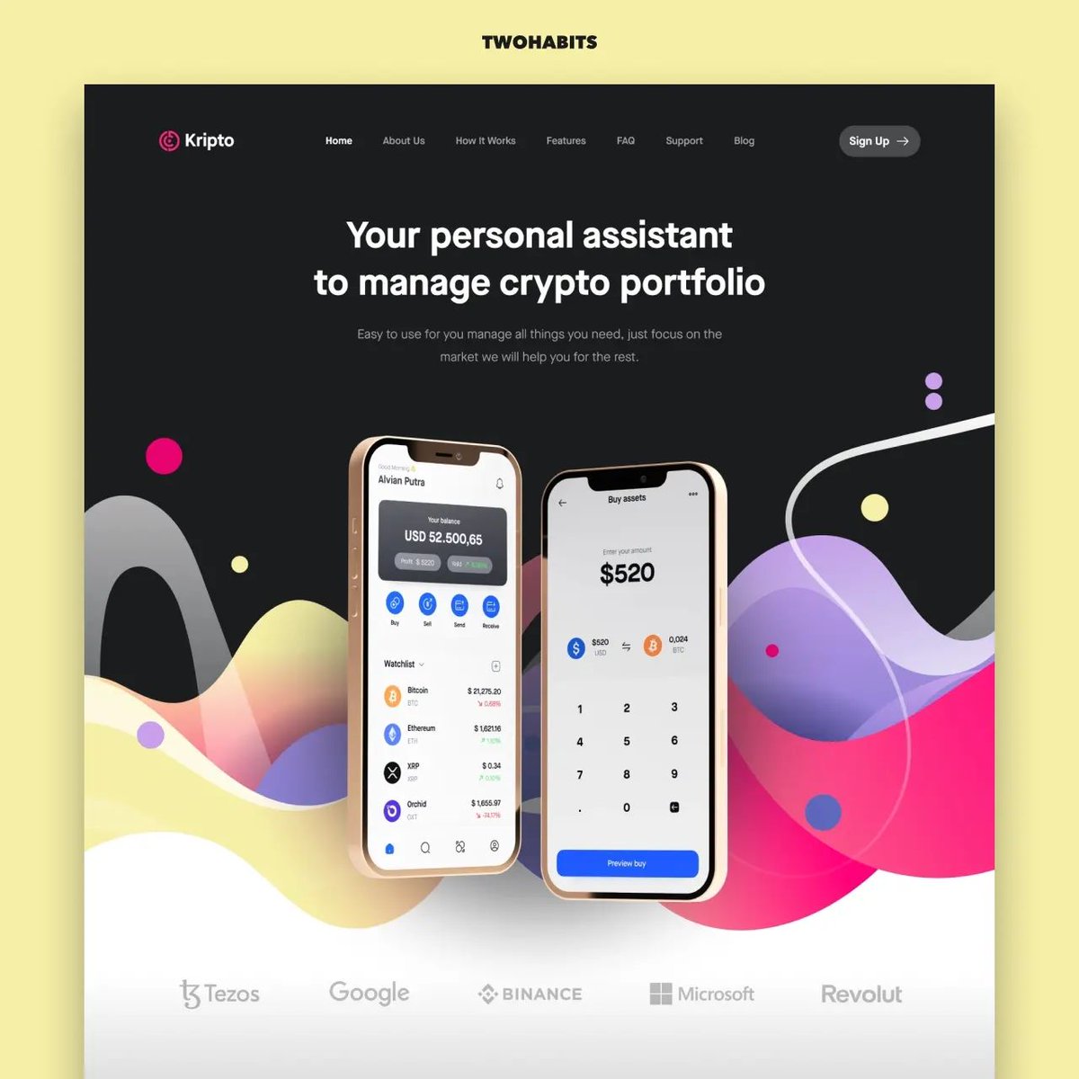 twohabits's tweet photo. Kripto by _alvian.design for kretyastudio — This website is designed for promoting a mobile app cryptocurrency assets.

Link: https://t.co/rMAgaF6HRI

#ux #dribbble #websitedesign #digitaldesign #uidesign #uxdesign #mobileapp #figma #userinterface #rede https://t.co/AnOiK5JkRf