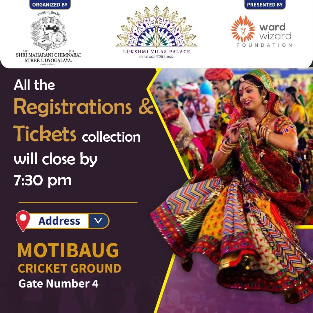 LVP_Garba's tweet photo. Hurry up! Our registrations and ticket collection will close today by 7:30 pm. We can't wait to welcome you at Lukshmi Vilas Palace Heritage Garba 2022.
.
Register now before we run out of the slots!
Register Today!
https://t.co/QQUFlLQqXl https://t.co/AZqVMVVFG1