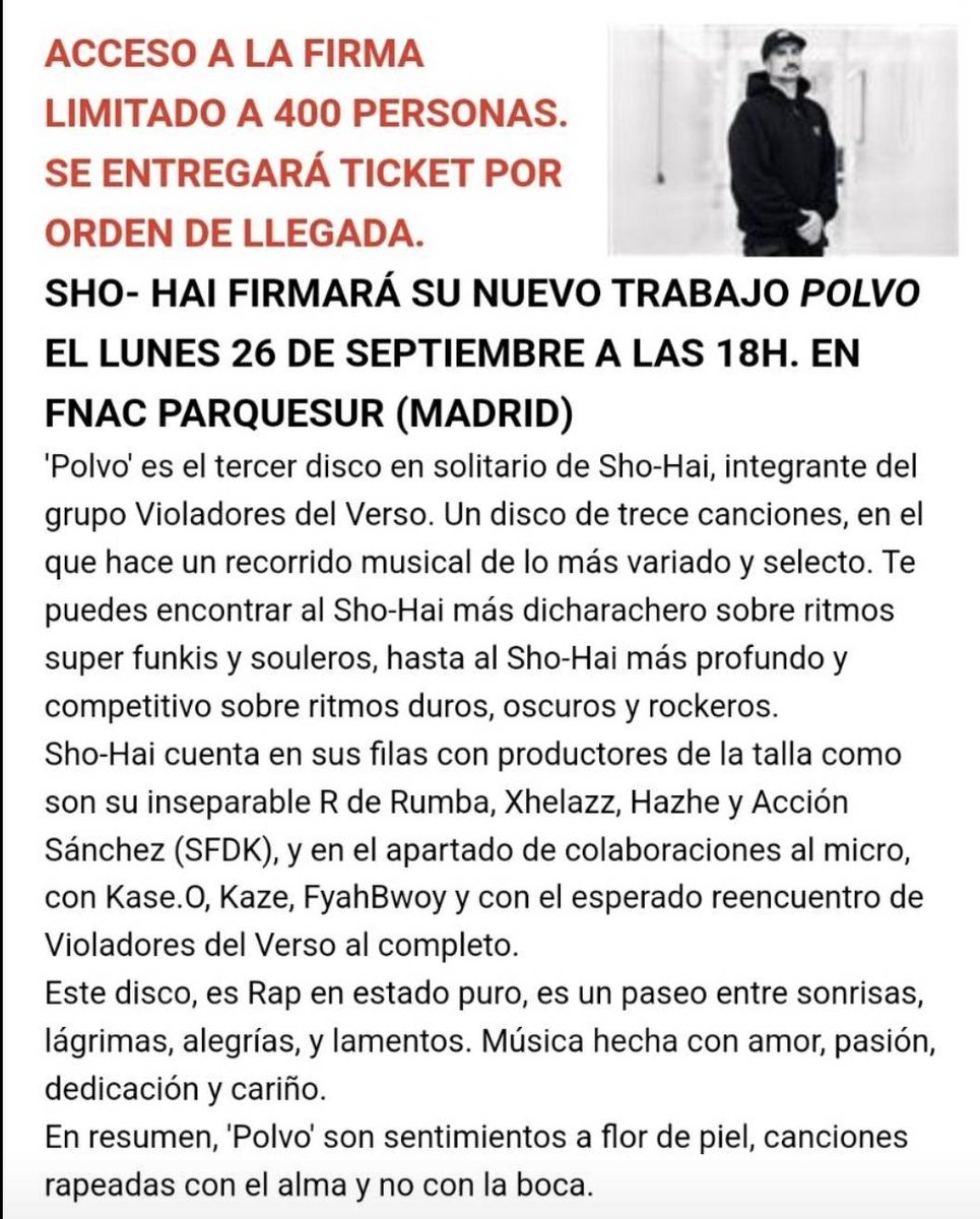 ShoHai_Real's tweet photo. Este lunes estaré en Madrid en Fnac ParqueSur firmando discos.
Vente que te firmo el páncreas si es menester.
#Polvo
#Shohai
#violadoresdelverso
#alguienlotienequehacer
#deepdeli https://t.co/3LNDcd6pGu