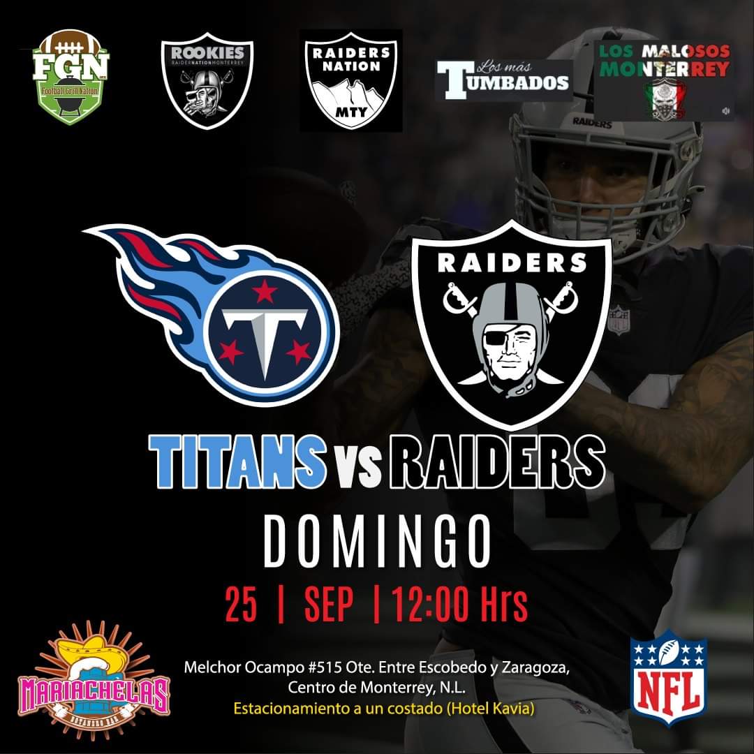 RaiderNationMty's tweet photo. Hoy #GameDay los esperamos en #MariaChelas , nueva sede para ver a nuestros #Raiders.
Acompaña a los #LosMalososMonterrey, #RookiesRaiderNationMty y #RaidersNationMty Domingo 25 de Sep. a las 12Pm, lugar #Mariachelas.
#LosRaiders | #RaiderNation https://t.co/xA3nUfz47Q